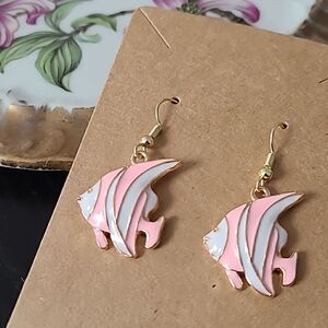 New Hand Crafted Cute Pink & White Tropical Fish Earrings 14K Gold Plated Hooks